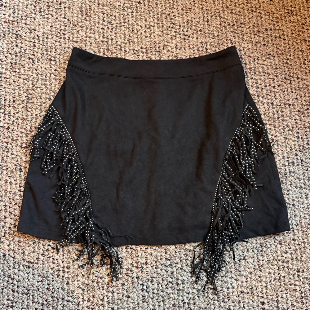 SHEIN CURVE Black Mini Skirt with Beaded Fringe